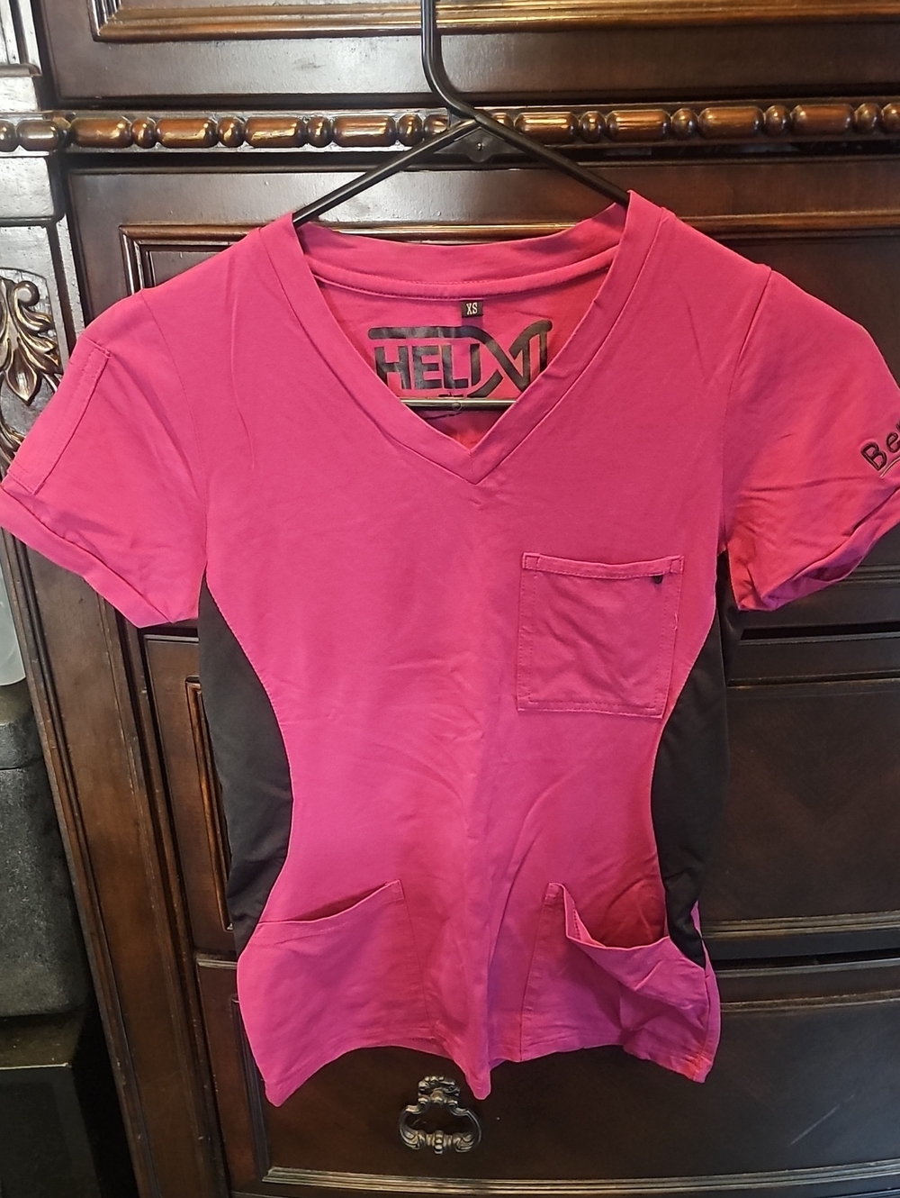 Helix Women's Pink V-Neck Scrub Top with Black Side Panels-Benefit Medical